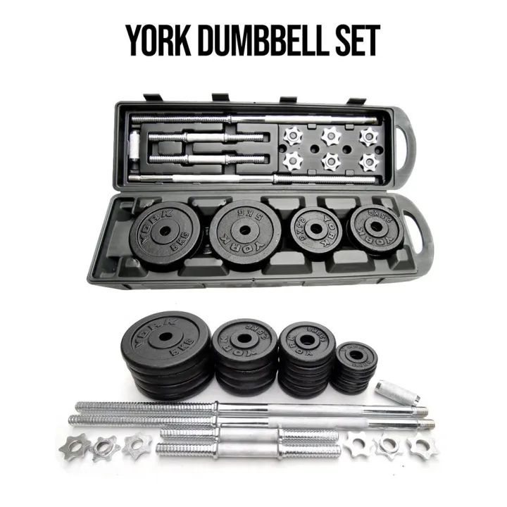 York Cast Iron Dumbbell Barbell Set 50 Kg W/ Long Bar and Plastic Case