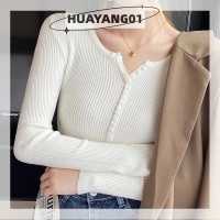 HUAYANG01สเวตเตอร์ถักคอวีติดกระดุม,เสื้อกันหนาวเข้าคู่ลำลองถักทรงสลิมเรียบง่าย2023