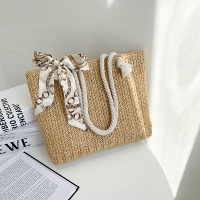 ℗ Simple and Large-capacity Straw Woven Bag Fashion Silk Scarf Women 39;s Shoulder Bag Trendy Woven Zipper Handbags for Women 2021