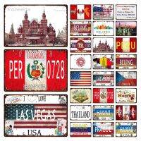 Vintage Travel Scenery ป้ายโลหะ Nation Flag และ City Scenery Bar Wall ตกแต่ง Home Decor ภาพวาด Plaques Art Poster