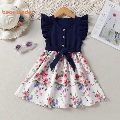 Bear Leader Girls Spring Summer Lace Sleeve Splicing ชุดเดรสแขนกุดลายดอกไม้