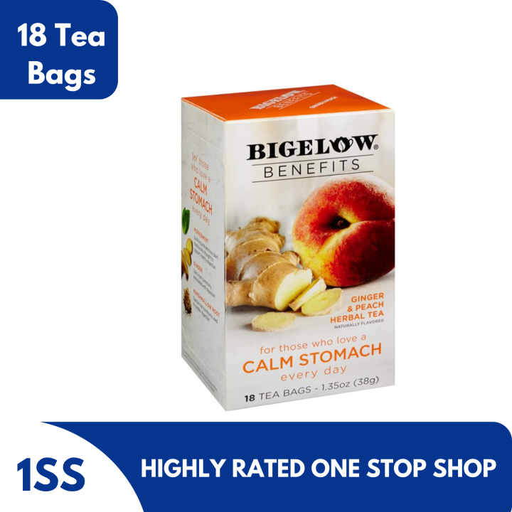 Bigelow Benefits Calm Stomach, Ginger & Peach Herbal Tea, 18 Tea Bags