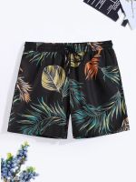 Men Hawaii Print Drawstring Waist Swim Trunks