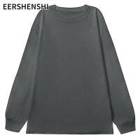 EERSHENSHI เสื้อยืดสีทึบเชือกรูดสำหรับผู้ชาย,เสื้อยืดแขนยาวคอกลมหลวมลำลองเรียบง่าย