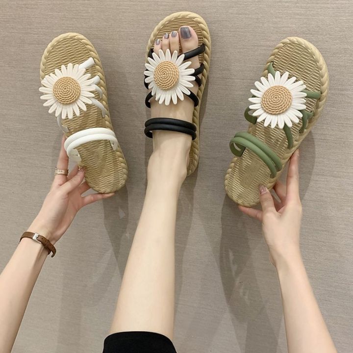 รองเท้าแตะลายดอกเดซี่รองเท้าโรมันรองเท้าสานใส่สบายดอกทานตะวันแบบ-mode-korea