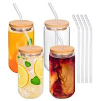 Glass Cups with Lids and Straws with Lids and Straw 16Oz Drinking Glasses 4Pcs Set