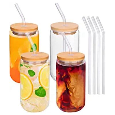 Glass Cups with Lids and Straws Cute Coffee Cups with Lids and Straw 16Oz Drinking Glasses 4Pcs Set