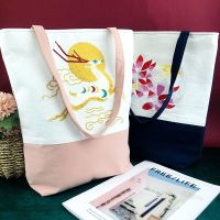 Chinese Style Artistic Simple Shoulder Bag New Embroidered Stitch Cloth Bag Thickened Cotton Linen Contrast Color Lotus Cloth Womens Bag