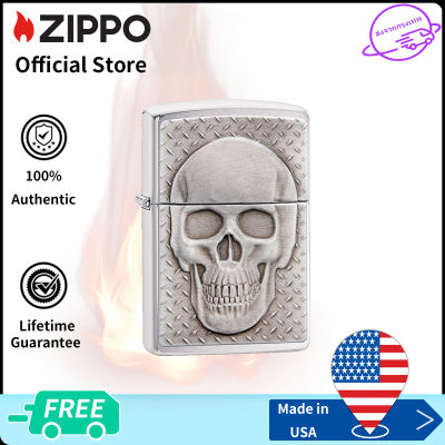 Zippo Skull with Brain Surprise Design Emblem Brushed Chrome Windproof Pocket Lighter  29818 ( Lighter Without Fuel Inside )กะโหลกศีรษะที่มีการออกแบบเซอร์ไพรส์สมอง（ไฟแช็กไม่มีเชื้อเพลิงภ