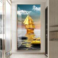 Golden Chinese Boat Canvas Art: Lucky Stone Zen Landscape สำหรับห้องนั่งเล่น &amp; Porch Decor 0922