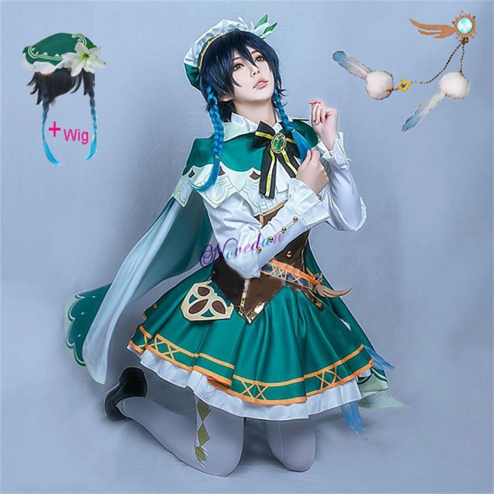 Genshin Impact Venti Maid Cosplay Costume Uniform Wig Shoes Anime Venti ...