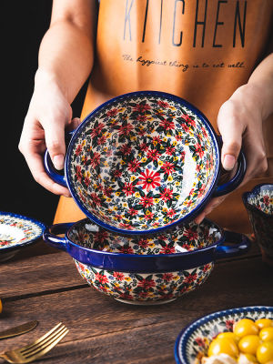 Retro Ceramic Bakeware Household Hand Painted Salad Plate Rice Bowl Binaural Baking Pan Kitchen Tableware Single Handle Bowl