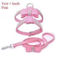 〖Love pets〗 Pet Harness Leash With Rhinestone Bling Crystal Adjustable Chest Strap Soft Suede Bow Leather High Quality Drop Shipping