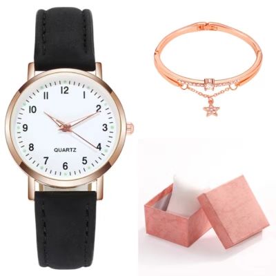 【July】 Two-piece simple female watch digital student luminous fresh frosted leather casual ladies quartz