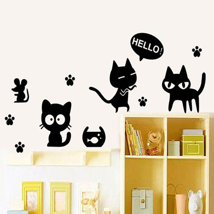 cod-fashion-creative-wall-stickers-new-cartoon-childrens-room-bedroom-black-cat-ay6055-kitten