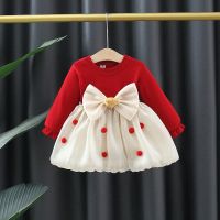 COD SDFGERGERTER Christmas / Spring Red Baby Girl Long-Sleeved Dress Bear Bow Polka Dot Tulle Infant Princess Dress Spring And Autumn Party Girls ChildrenS Clothing (0-3 Years)