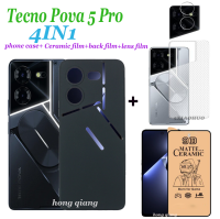 (4in1) สำหรับซิลิโคนนิ่มเคส Tecno Pova 5 Pro Pova 5สีดำฝ้าเคสโทรศัพท์กันกระแทก + ฟิล์มบางเซรามิก + ฟิล์มเลนส์ + ฟิล์มด้านหลัง