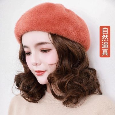 [COD] Wig with hat one female short curly hair autumn and winter net red fashion hooded real ribbon wig