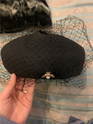 02-2509264 NEW summer Exclusive design mesh pearl bee black fine paper grass lady beret hat women Leisure painter hat