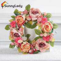 SunnyLady ดอกโบตั๋นปลอมขนาด15.75นิ้วพวงมาลัยจำลองแขวนผนังพวงมาลัยดอกไม้สำหรับของประดับหน้าต่างผนังประตูหน้า