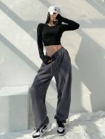 ◇ Gray sweatpants female drawstring loose legged trousers European and American summer thin section all-match high waist straight leg sweatpants ins fashion