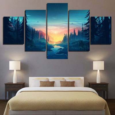 Mountain Wilderness Sunset Bliss ผ้าใบ Wall Art พิมพ์โปสเตอร์ตกแต่งบ้าน5แผง HD พิมพ์ภาพ5ชิ้นภาพวาด Room Decor