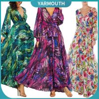 COD DSFGRDGHHHHH YYR--Plus Size Bohemia Beach Women Leaves Print V Neck Long Lantern Sleeve Maxi Dress