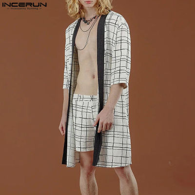 INCERUN เสื้อสูทลายตารางสำหรับผู้ชายแจ็คเก็ตกิโมโนแขนสั้น + กางเกงขาสั้นชุดชายหาด Loungwear (สไตล์ตะวันตก)