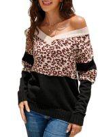 ▨﹍ Leopard Print V-neck Womens Knitwear Aautumn And Loose Long-sleeved Top Warm Pullover