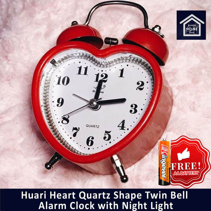 Buenas Huari Heart Quartz Shape Twin Bell Alarm Clock with Night Light