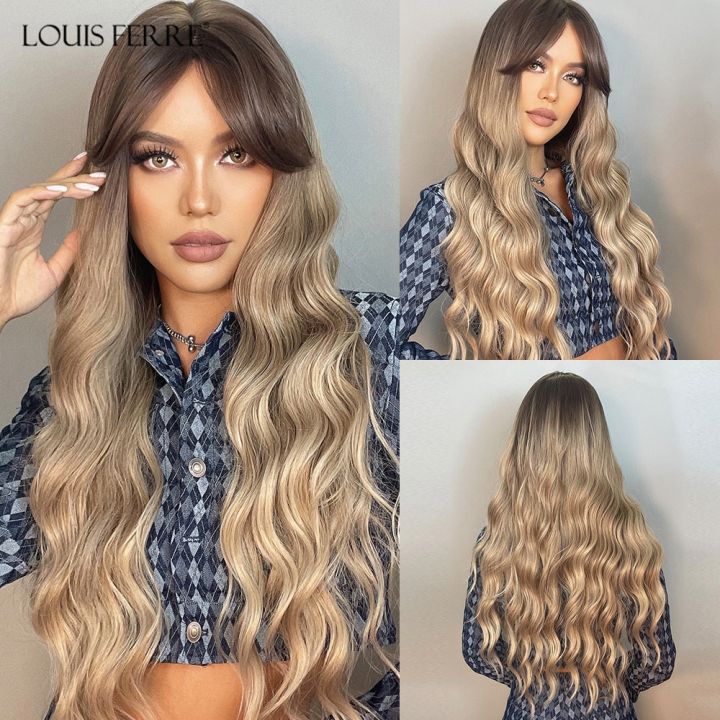 LOUIS FERRE Ombre Brown Honey Blonde Synthetic Wigs with Bnags for Black  Women Long Natural Wave Cosplay Wig Heat Resistant 
