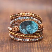 Boho 5X Leather Wrap Beaded Bracelet Huge OceanStone Bracelet Bohemian Bracelet Valentines Gift