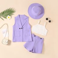 2023New Fashion Kids Baby Girls Clothes Long Suit Jacket+Camisole+Shorts+Hat 4Pcs Outfits Summer Korean Children Clothing 2-10T