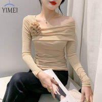 YIMEI เสื้อยืดเปิดไหล่ลายดอกไม้ส่วนตัวสำหรับผู้หญิง,เสื้อยืดแขนยาวเอวมีจีบดีไซน์เข้ารูปพอดีและเข้ารูป2023แฟชั่นแบบใหม่ในฤดูใบไม้ร่วง