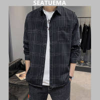 SEATUEMA เสื้อผู้ชายเกาหลีลายสก๊อตพิมพ์ลายใหม่หลวมหล่อผู้ชายเสื้อแจ็คเก็ตด้านบน