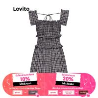 Lovito ชุดเดรส ขอบหยัก ลายสก๊อต สไตล์ลำลอง L29AD076 (สีดำ)