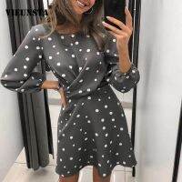 【Ladies shop】2021 SpringPrintDress ผู้หญิง O NeckDraped PartyAutumn แขนยาวชุดสบายๆ Vestidos