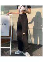 Black high-waist ripped straight-leg jeans womens spring and autumn 2021 new loose and thin drape wide-leg mopping pants