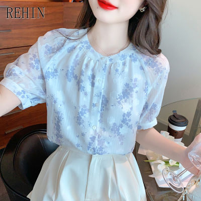 REHIN ผู้หญิงฤดูร้อนใหม่เกาหลีรุ่นรอบคอแขนสั้นเสื้อดอกไม้พิมพ์โคมไฟแขนเสื้อหรูหรา