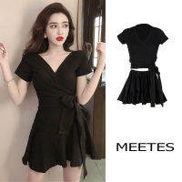 ?จัดส่งที่รวดเร็ว?MEETES กระโปรงสั้น ชุดเซท2ชิ้นหญิง ชุดเซท2ชิ้นหญิง Slimming V-neck dress two-piece sexy goddess temperament