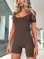 Ribbed Solid แขนกุดออกกำลังกาย Romper ผู้หญิงสั้น Jumpsuit แขนสั้น Scoop คอ Slim Fit Bodycon Playsuit สำหรับโยคะ Gym