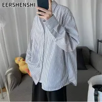 EERSHENSHI เสื้อเชิ๊ตแขนยาวลายทาง เสื้อเชิ๊ตผู้ชายคอกลมเสื้อคลุมแขนยาวแบบมีฮู๊ดบางรุ่นเกาหลีแบบหลวมอุปกรณ์ป้องกันแสงแดดฤดูใบไม้ร่วง