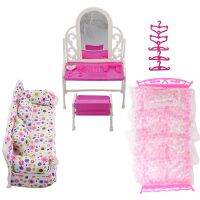 8 Items / Lot 1x Cloth Sofa 1x Dressing Table 1x Bed 5x Hanger Clothes for Barbie Doll Furniture Accessories Baby Toys