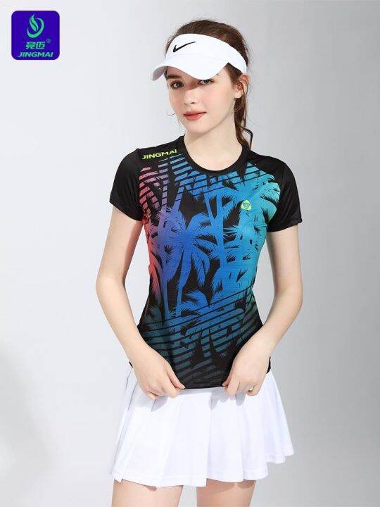 2023-jingmai-เสื้อผ้าเทนนิสใหม่ฤดูใบไม้ผลิและฤดูร้อนชุดสูทผู้หญิงเข้ารูปชุดกีฬาแบดมินตันชุดกีฬาแขนสั้นระบายอากาศสไตล์แห้งเร็วทันสมัย