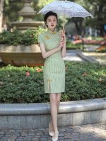 【LZ】◎  Fzslcyiyi elegante gola mandarim xadrez impresso algodão linho cheongsam manga curta mini qipao chinês vestido das senhoras