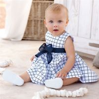 [COD] childrens new girls blue plaid sleeveless vest bow fresh dress