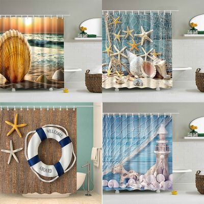 ▬ Sea Shell Shower Curtain 3D Print Waterproof Polyester Bath Curtain Octopus Washable Bath Decor Bathroom Curtains With 12 Hooks