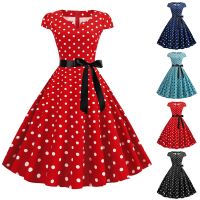 ผู้หญิง VINTAGE 1950s ชุดราตรีชุดราตรีแขนกุด Polka dot พิมพ์สูงเอว Big Swing dresses ฤดูร้อน vestidos New