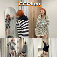 Cici Plus+ (799)CC+-Plussize เสื้อไหมพรมแขนยาวสไตล์เกาหลี โอเวอร์ไซส์ลายทาง ดีเทลมีฮู้ดคอวีแบบฉ่ำ