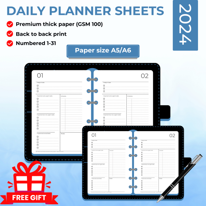 2024 Planner Daily Pages for Binder Notebooks Refills Sizes A5 and A6